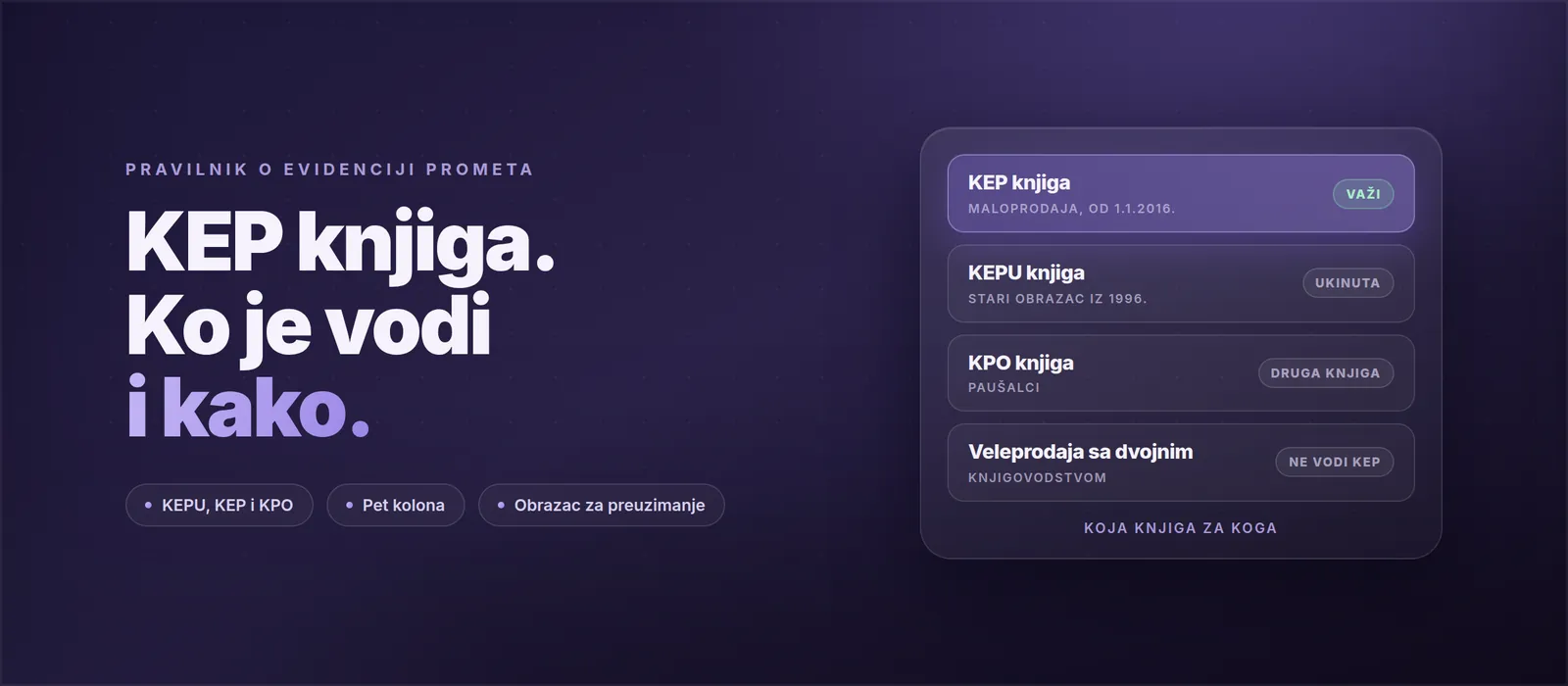 KEP knjiga evidencije prometa sa pet kolona: redni broj, datum, opis promene, zaduženje i razduženje, pored stare KEPU knjige