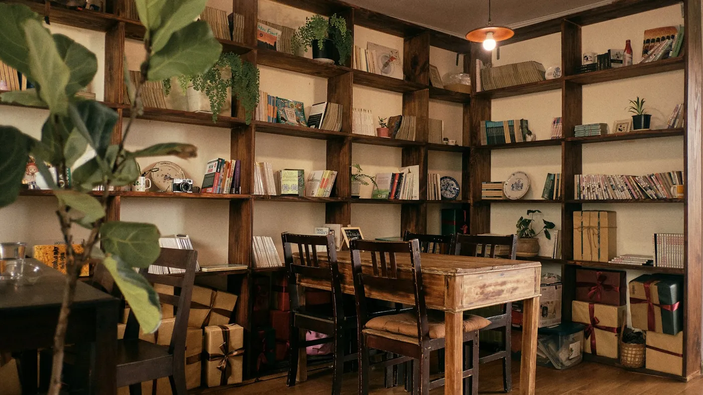 A quiet reading room lined with books