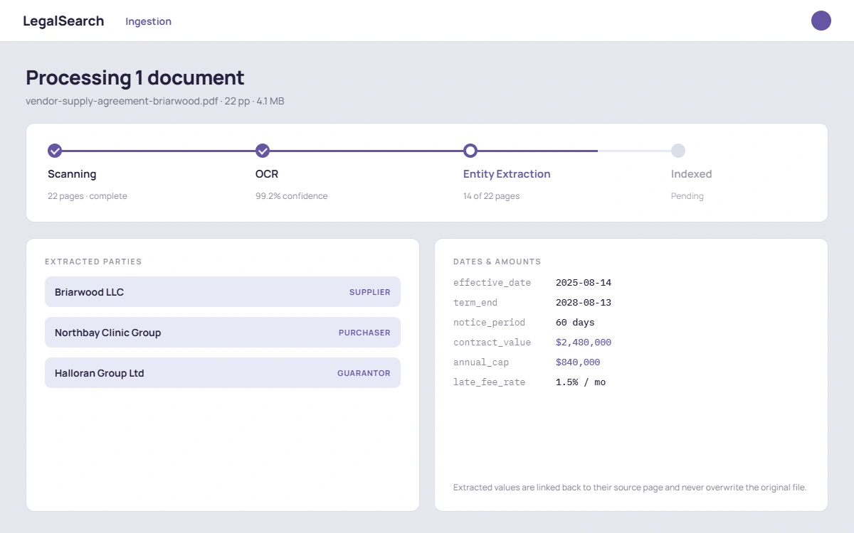 LegalSearch document ingestion pipeline showing demo OCR extraction and entity detection on a scanned contract