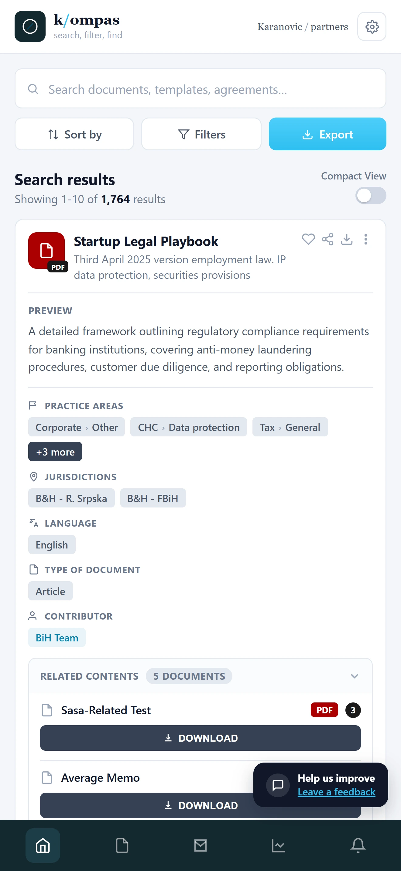 LegalSearch mobile view of search results