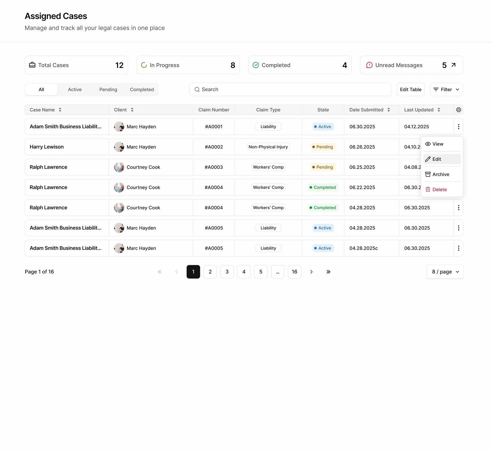 Assigned cases table of a case management platform with status, claim type and dates