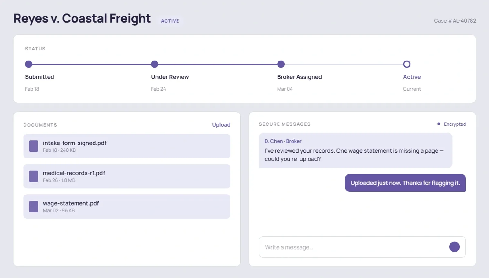 Client portal of a case management platform: case status timeline, uploaded documents, encrypted messages with the broker