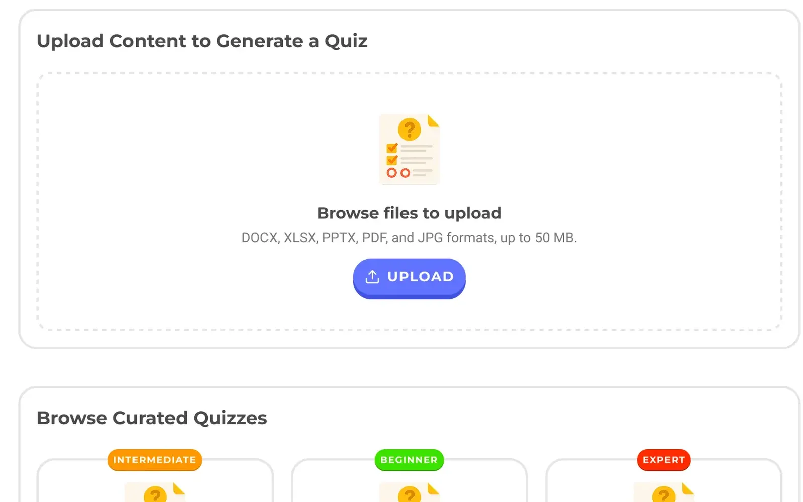 Learner home of an AI learning platform: upload a document to generate a quiz, curated quizzes by level, credits and leaderboard